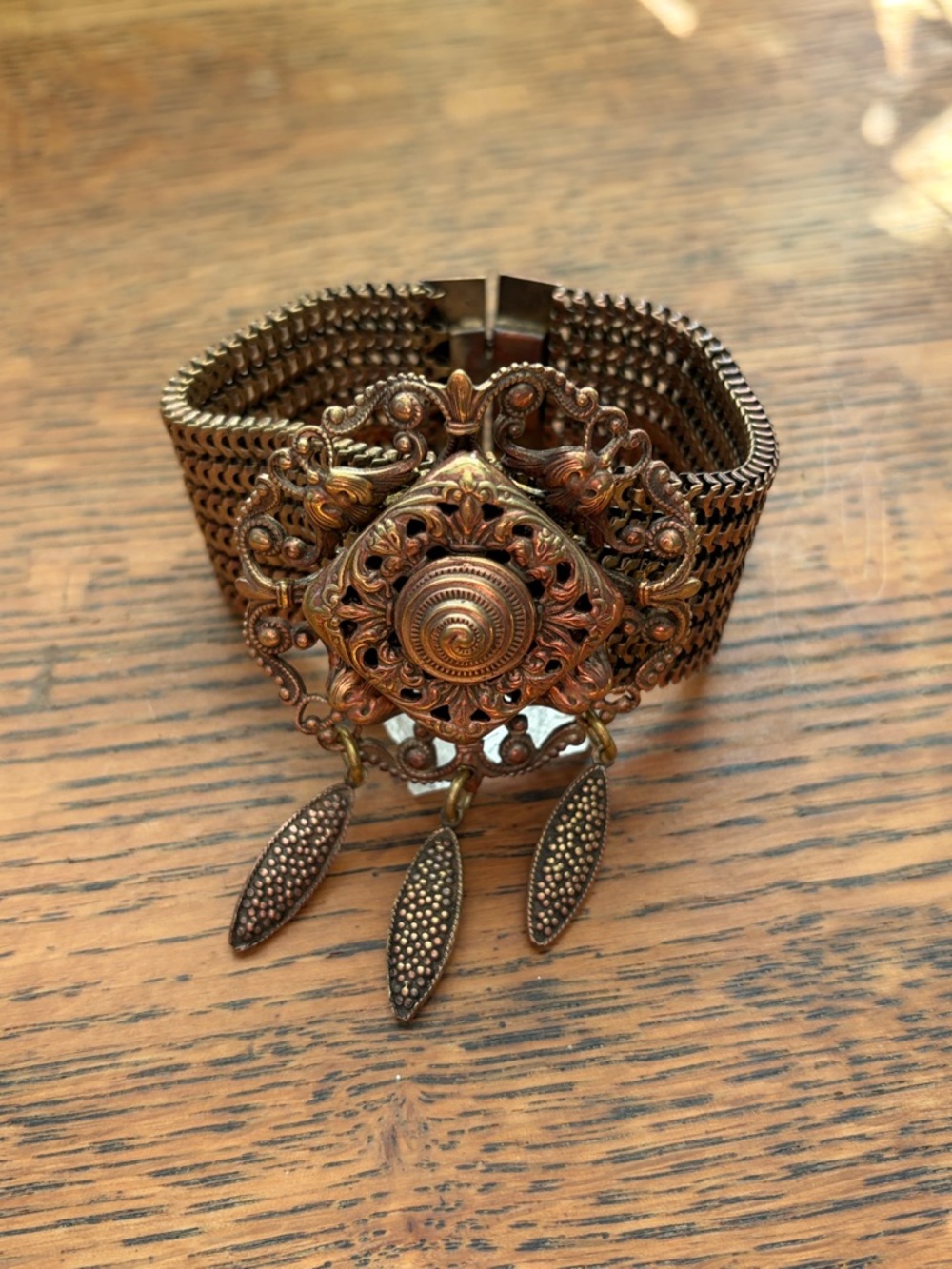 Vintage-Inspired Copper Filigree Wide Bracelet with Dangles